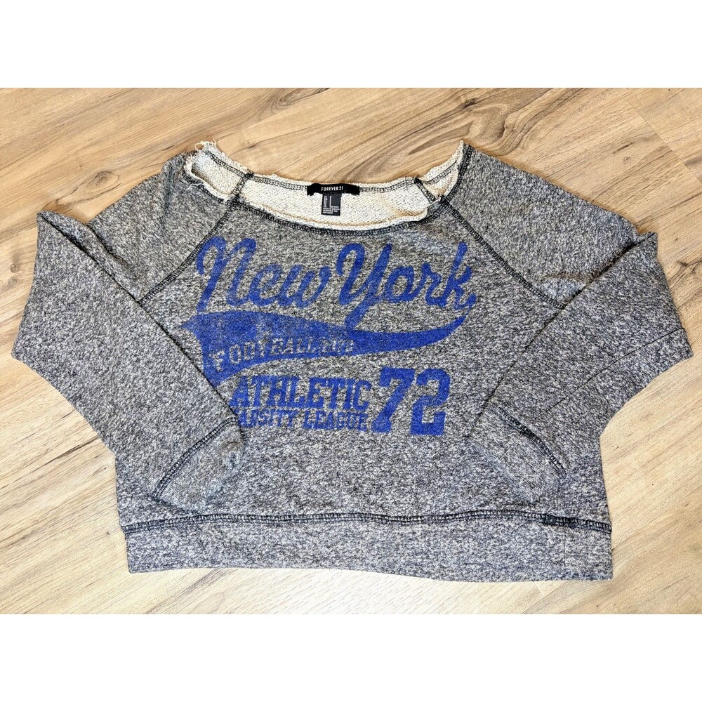 Forever 21 Women's Gray Blue Loose Cropped New York Pullover Sweatshirt Small S - Picture 1 of 6